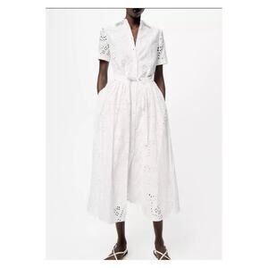 Zara Blogger Favorite White Eyelet Button Front Midi Shirt Dress Sz.S